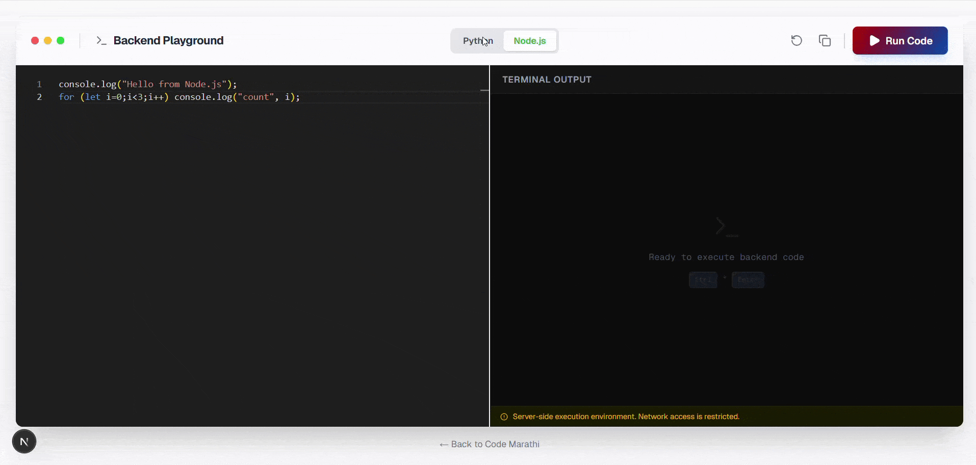 Interactive backend code editor supporting Python, Node.js, and PHP execution